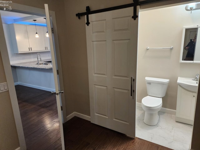 bathroom featuring vanity, hardwood / wood-style flooring, and toilet