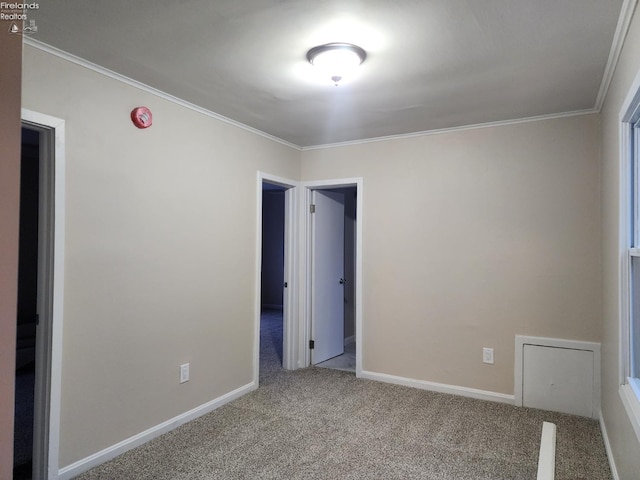 unfurnished bedroom featuring carpet flooring and crown molding