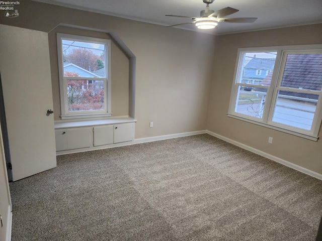 additional living space with ceiling fan, plenty of natural light, and carpet