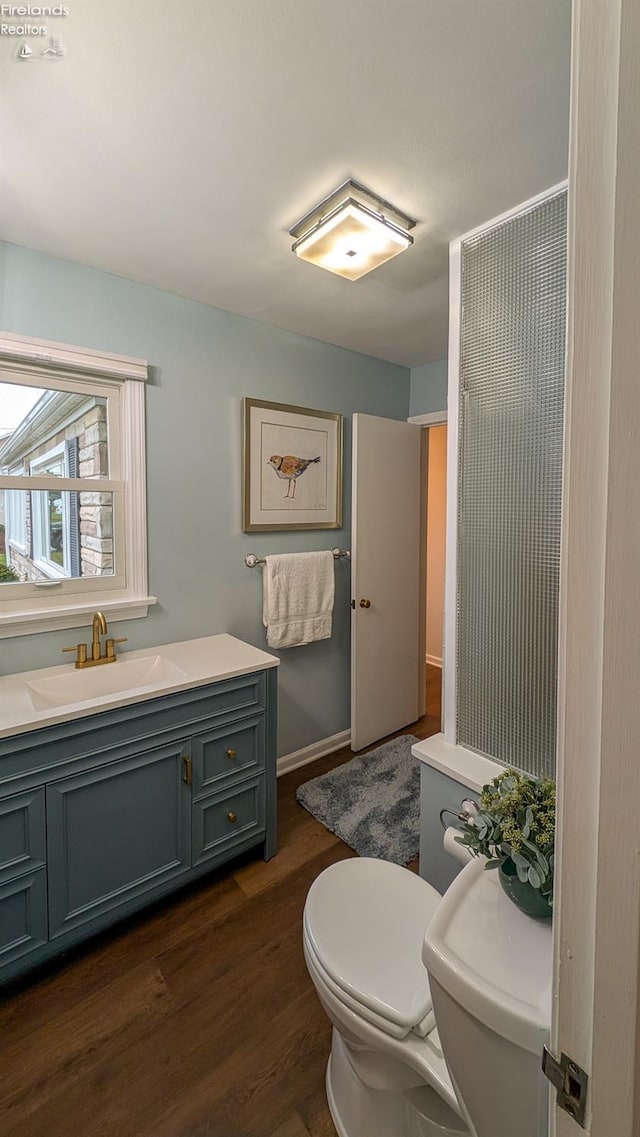 bathroom with vanity, toilet, and wood-type flooring