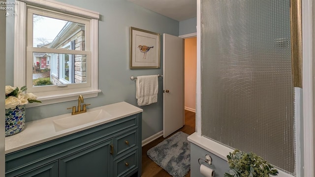 bathroom with hardwood / wood-style flooring and vanity