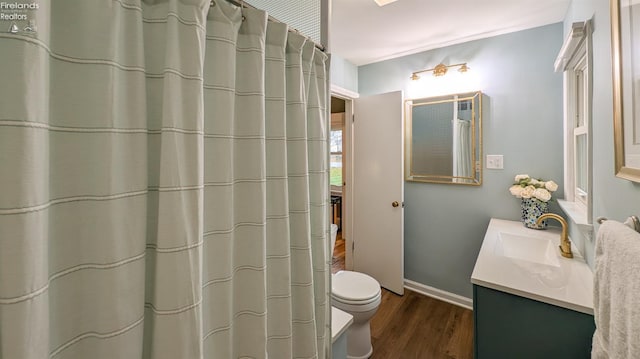 bathroom featuring toilet, vanity, and hardwood / wood-style flooring