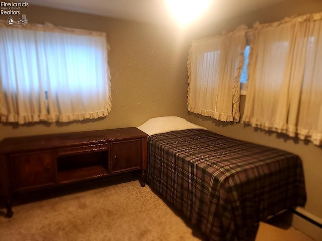 bedroom with light colored carpet