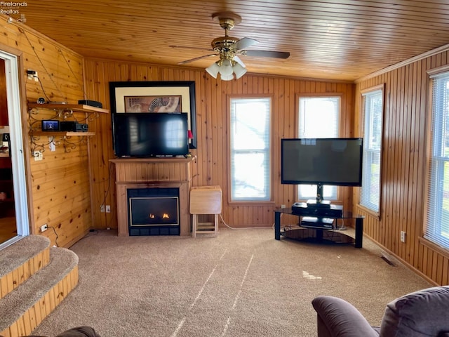 living room featuring carpet flooring, ceiling fan, wooden ceiling, and wooden walls