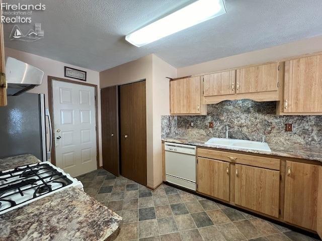 kitchen featuring sink, a textured ceiling, white appliances, decorative backsplash, and exhaust hood