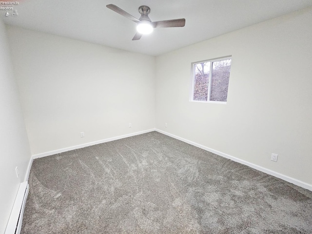 empty room with ceiling fan, a baseboard heating unit, and dark colored carpet