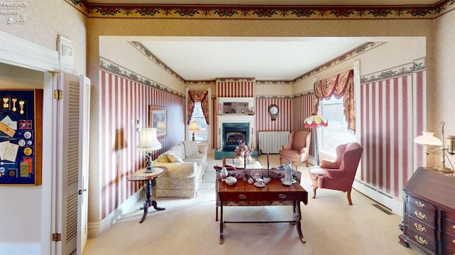 carpeted living room with radiator heating unit and a baseboard radiator