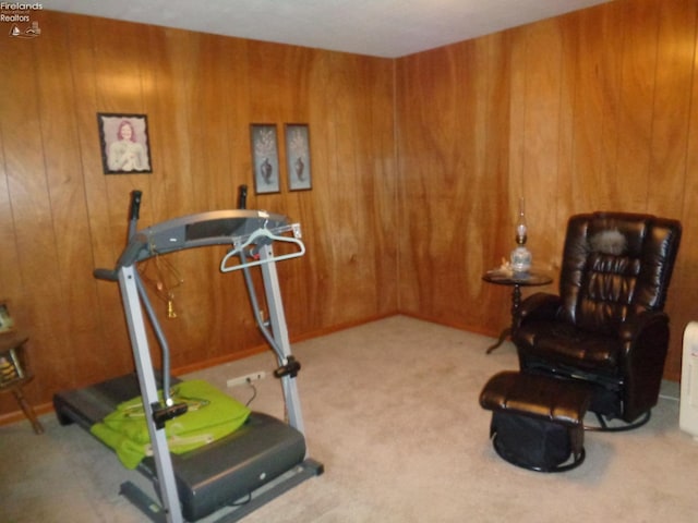 exercise room with wooden walls and light colored carpet