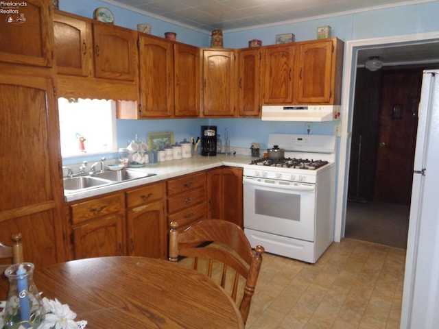 kitchen with white appliances, sink, and ornamental molding