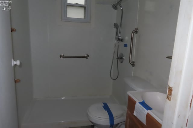 bathroom with toilet, vanity, and walk in shower