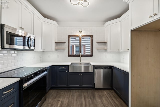 kitchen featuring white cabinets, sink, appliances with stainless steel finishes, and dark wood-type flooring