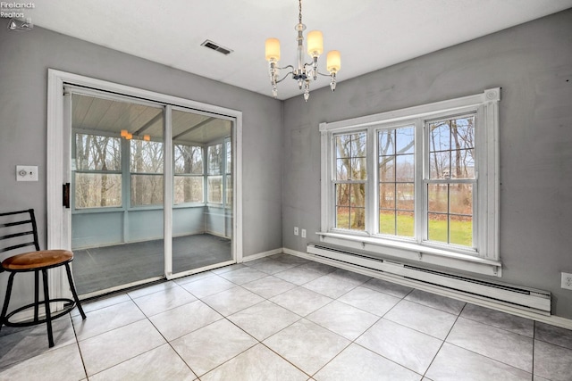 unfurnished dining area featuring a notable chandelier, light tile patterned flooring, a wealth of natural light, and a baseboard heating unit