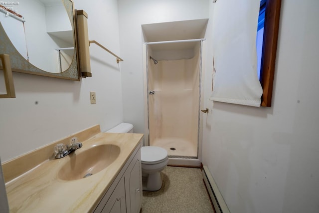 bathroom featuring a shower, vanity, toilet, and a baseboard heating unit