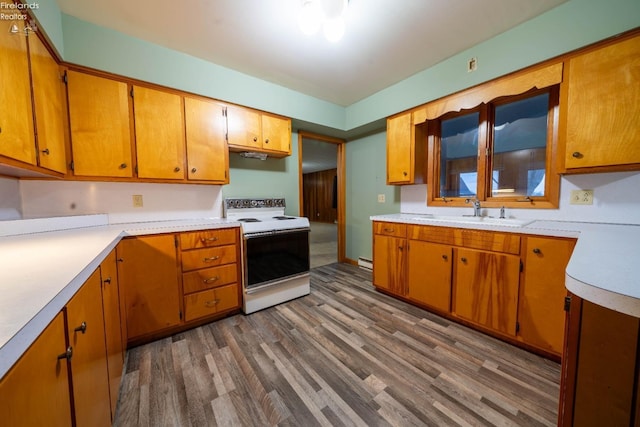 kitchen with a baseboard radiator, white electric stove, dark wood-type flooring, and sink