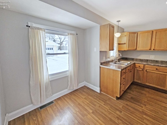 kitchen featuring hanging light fixtures, dark wood-type flooring, and sink