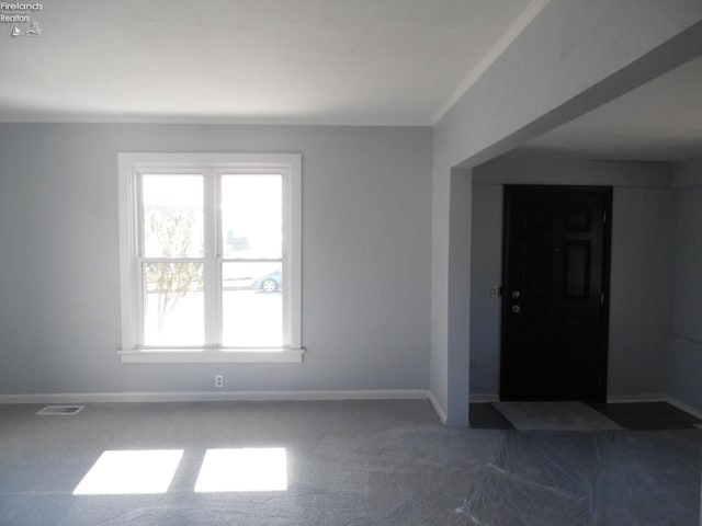 carpeted empty room featuring crown molding