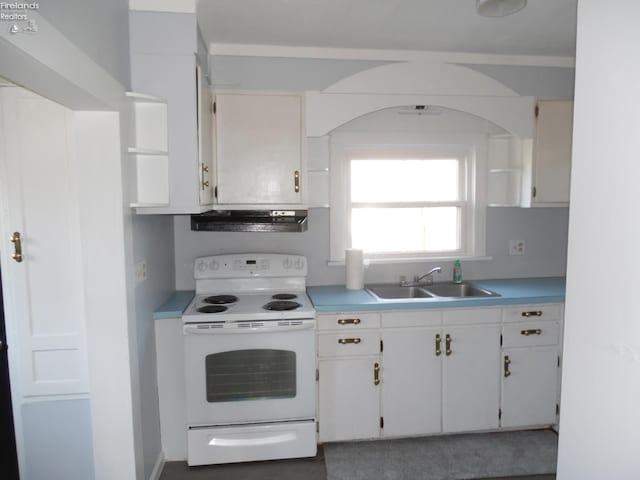 kitchen featuring exhaust hood, white cabinetry, white range with electric cooktop, and sink