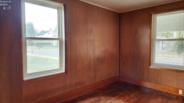 spare room with wood walls, crown molding, and a wealth of natural light