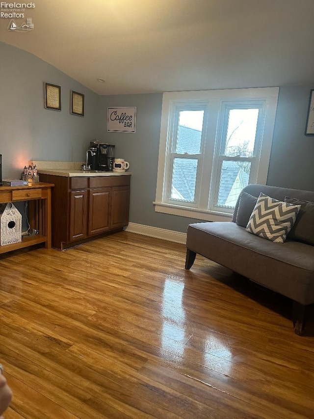 living area featuring hardwood / wood-style flooring and lofted ceiling