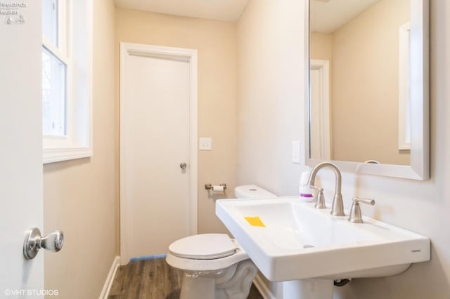 bathroom featuring toilet, wood-type flooring, and sink