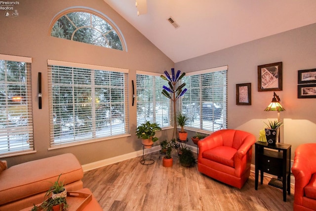 living area with high vaulted ceiling and wood-type flooring