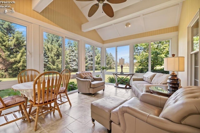 sunroom / solarium with lofted ceiling with beams and ceiling fan