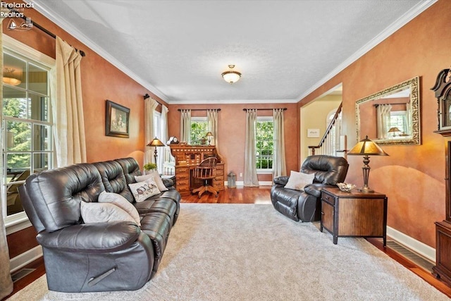 living room featuring wood-type flooring, a textured ceiling, and crown molding