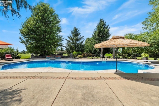 view of swimming pool featuring pool water feature, a diving board, and a patio area