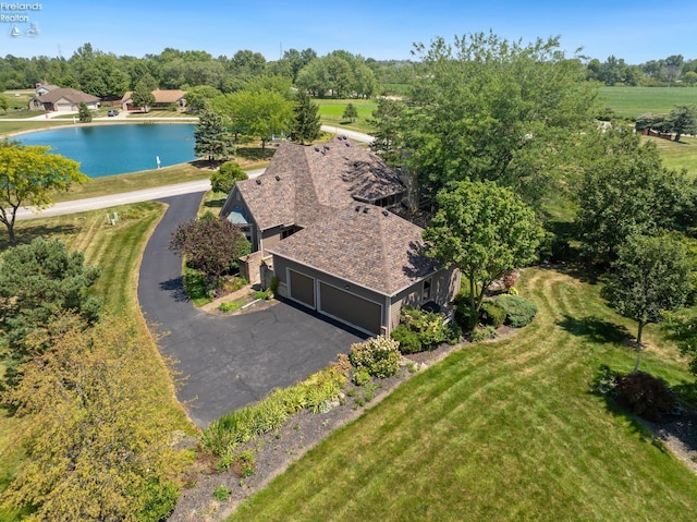 drone / aerial view featuring a water view