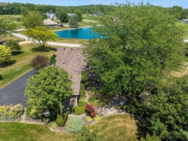 birds eye view of property featuring a water view