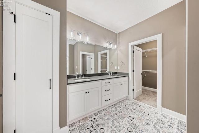 bathroom with double vanity, baseboards, a walk in closet, and a sink