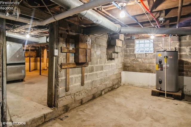 basement with heating unit and water heater