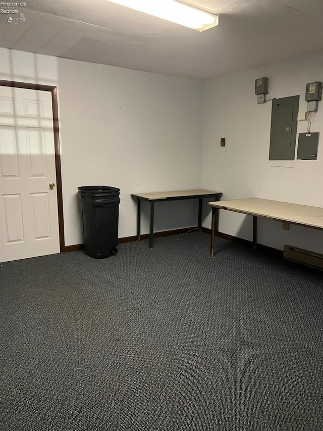 misc room with dark colored carpet and electric panel