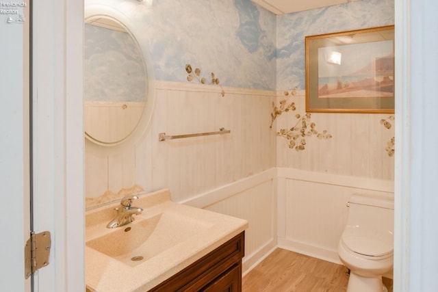 bathroom with wood-type flooring, vanity, and toilet