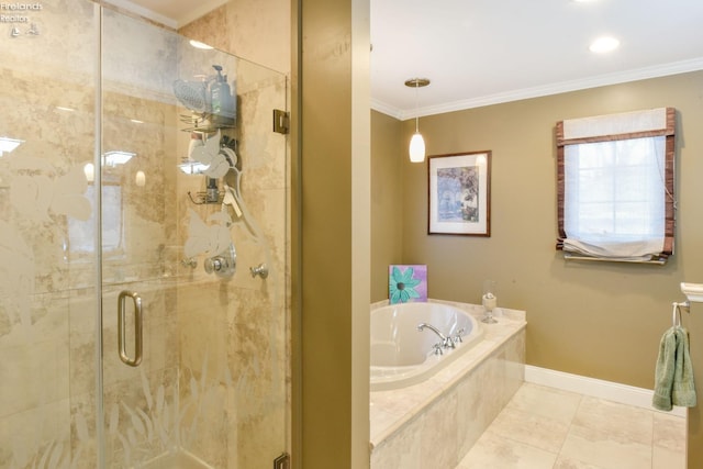 bathroom with separate shower and tub and ornamental molding