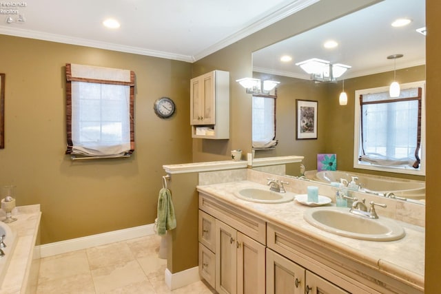 bathroom featuring tile patterned flooring, a washtub, ornamental molding, and vanity