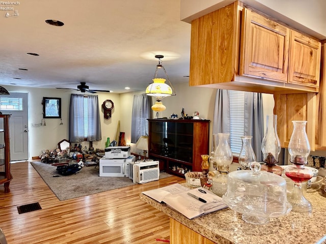 living room with ceiling fan and light hardwood / wood-style floors