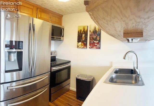 kitchen with sink, stainless steel appliances, and dark wood-type flooring