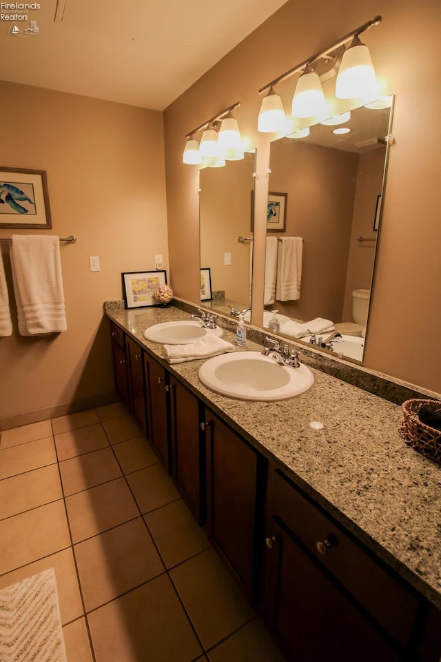 bathroom featuring tile patterned flooring, vanity, and toilet