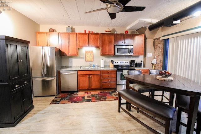 kitchen featuring ceiling fan, sink, and stainless steel appliances