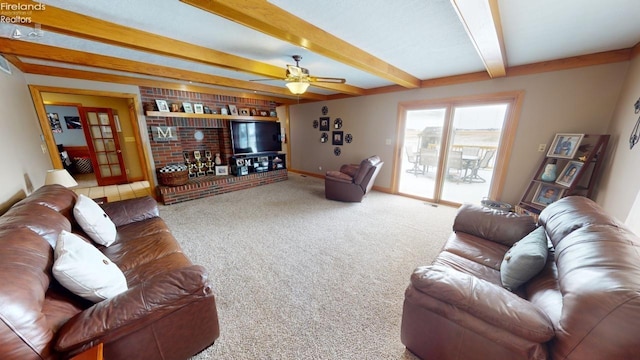 carpeted living room featuring beam ceiling and ceiling fan