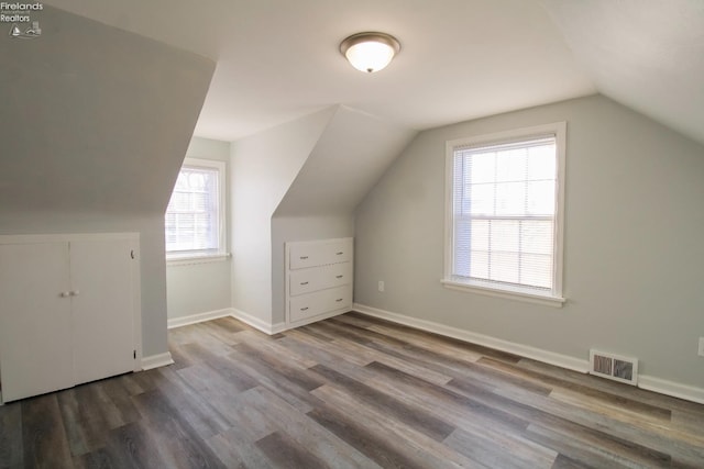 additional living space featuring a healthy amount of sunlight, wood-type flooring, and lofted ceiling