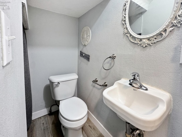 bathroom with toilet, wood-type flooring, and sink