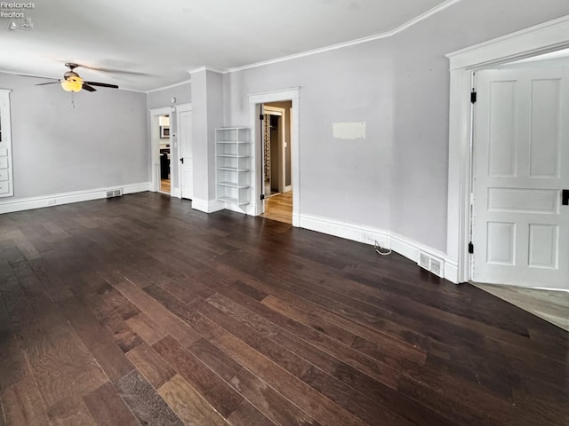 unfurnished living room featuring ceiling fan, ornamental molding, and hardwood / wood-style floors