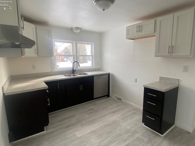 kitchen with sink, white cabinets, exhaust hood, and dishwasher