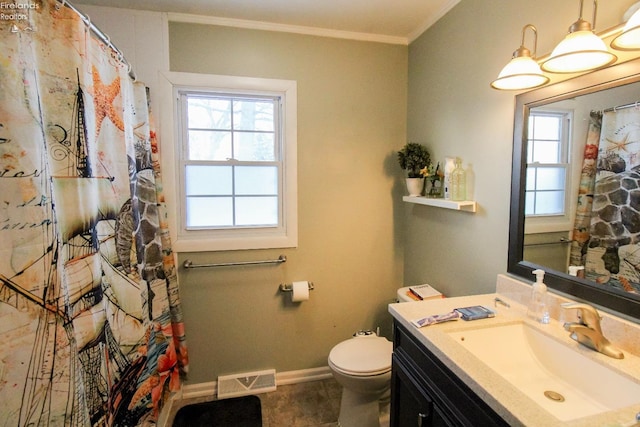 bathroom featuring curtained shower, tile patterned flooring, toilet, vanity, and crown molding