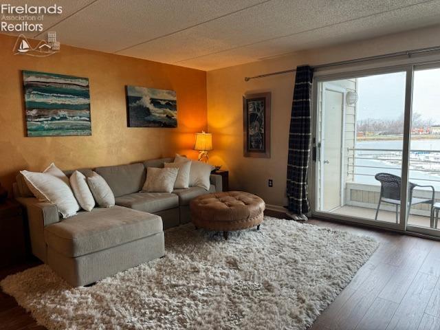 living room featuring a textured ceiling and hardwood / wood-style flooring