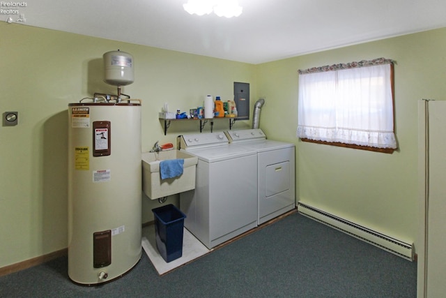 washroom with independent washer and dryer, sink, water heater, and baseboard heating