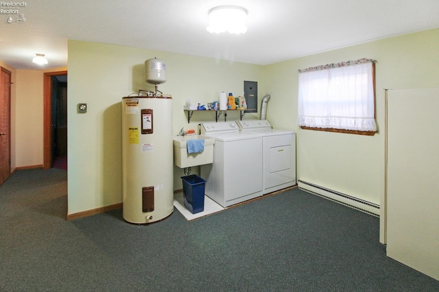 washroom with sink, dark colored carpet, washer and dryer, a baseboard radiator, and electric water heater