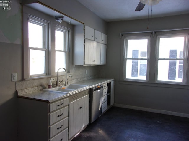 kitchen with white cabinets, dishwasher, decorative backsplash, sink, and ceiling fan